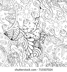 Tracery seamless pattern. Mehndi design. Ethnic monochrome binary doodle texture. Curved doodling black and white background. Vector