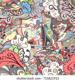 Tracery seamless pattern. Mehndi design. Ethnic colorful doodle texture. Curved doodling background. Vector