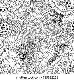 Tracery seamless pattern. Mehndi design. Ethnic monochrome binary doodle texture. Curved doodling black and white background. Vector