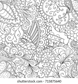 Tracery seamless pattern. Mehndi design. Ethnic monochrome binary doodle texture. Curved doodling black and white background. Vector