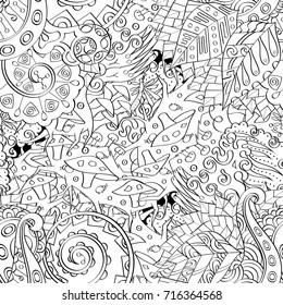 Tracery seamless pattern. Mehndi design. Ethnic monochrome binary doodle texture. Curved doodling black and white background. Vector