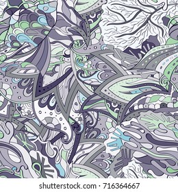 Tracery seamless pattern. Mehndi design. Ethnic colorful doodle texture. Curved doodling background. Vector