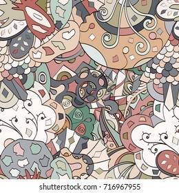Tracery seamless pattern. Mehndi design. Ethnic colorful doodle texture. Curved doodling background. Vector