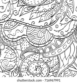 Tracery seamless pattern. Mehndi design. Ethnic monochrome binary doodle texture. Curved doodling black and white background. Vector