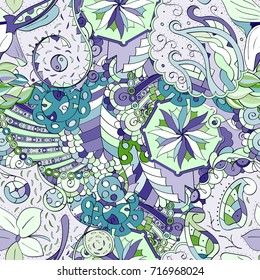 Tracery seamless pattern. Mehndi design. Ethnic colorful doodle texture. Curved doodling background. Vector