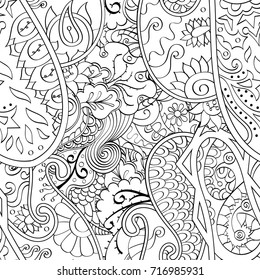 Tracery seamless pattern. Mehndi design. Ethnic monochrome binary doodle texture. Curved doodling black and white background. Vector