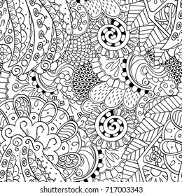 Tracery seamless pattern. Mehndi design. Ethnic monochrome binary doodle texture. Curved doodling black and white background. Vector