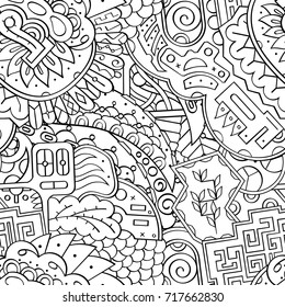 Tracery seamless pattern. Mehndi design. Ethnic monochrome binary doodle texture. Curved doodling black and white background. Vector