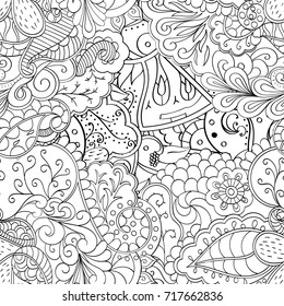 Tracery seamless pattern. Mehndi design. Ethnic monochrome binary doodle texture. Curved doodling black and white background. Vector