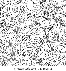 Tracery seamless pattern. Mehndi design. Ethnic monochrome binary doodle texture. Curved doodling black and white background. Vector