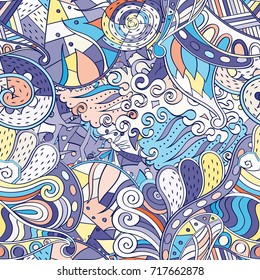 Tracery seamless pattern. Mehndi design. Ethnic colorful doodle texture. Curved doodling background. Vector