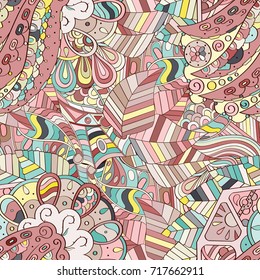 Tracery seamless pattern. Mehndi design. Ethnic colorful doodle texture. Curved doodling background. Vector