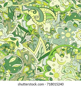Tracery seamless pattern. Mehndi design. Ethnic colorful doodle texture. Curved doodling background. Vector