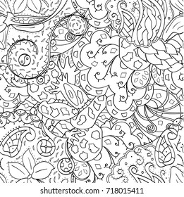 Tracery seamless pattern. Mehndi design. Ethnic monochrome binary doodle texture. Curved doodling black and white background. Vector