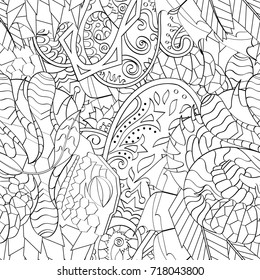 Tracery seamless pattern. Mehndi design. Ethnic monochrome binary doodle texture. Curved doodling black and white background. Vector