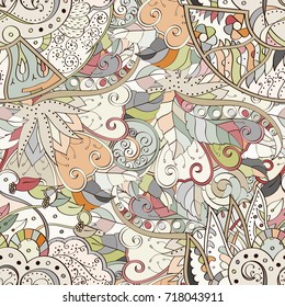 Tracery seamless pattern. Mehndi design. Ethnic colorful doodle texture. Curved doodling background. Vector