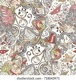 Tracery seamless pattern. Mehndi design. Ethnic colorful doodle texture. Curved doodling background. Vector