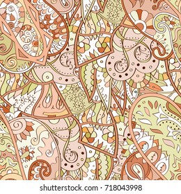 Tracery seamless pattern. Mehndi design. Ethnic colorful doodle texture. Curved doodling background. Vector