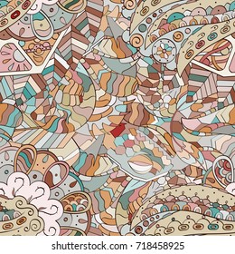Tracery seamless pattern. Mehndi design. Ethnic colorful doodle texture. Curved doodling background. Vector