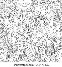 Tracery seamless pattern. Mehndi design. Ethnic monochrome binary doodle texture. Curved doodling black and white background. Vector