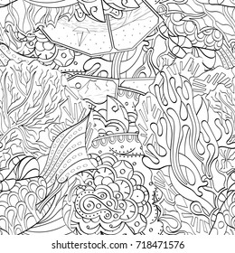 Tracery seamless pattern. Mehndi design. Ethnic monochrome binary doodle texture. Curved doodling black and white background. Vector