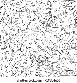 Tracery seamless pattern. Mehndi design. Ethnic monochrome binary doodle texture. Curved doodling black and white background. Vector