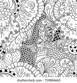 Tracery seamless pattern. Mehndi design. Ethnic monochrome binary doodle texture. Curved doodling black and white background. Vector
