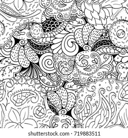 Tracery seamless pattern. Mehndi design. Ethnic monochrome binary doodle texture. Curved doodling black and white background. Vector