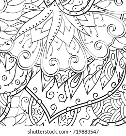 Tracery seamless pattern. Mehndi design. Ethnic monochrome binary doodle texture. Curved doodling black and white background. Vector