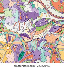 Tracery seamless pattern. Mehndi design. Ethnic colorful doodle texture. Curved doodling background. Vector