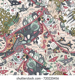 Tracery seamless pattern. Mehndi design. Ethnic colorful doodle texture. Curved doodling background. Vector