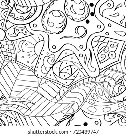 Tracery seamless pattern. Mehndi design. Ethnic monochrome binary doodle texture. Curved doodling black and white background. Vector