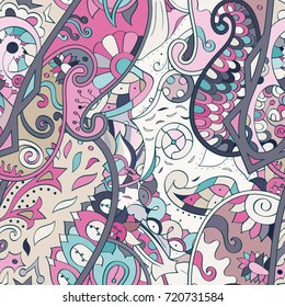 Tracery seamless pattern. Mehndi design. Ethnic colorful doodle texture. Curved doodling background. Vector