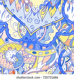 Tracery seamless pattern. Mehndi design. Ethnic colorful doodle texture. Curved doodling background. Vector