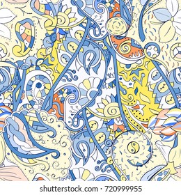 Tracery seamless pattern. Mehndi design. Ethnic colorful doodle texture. Curved doodling background. Vector