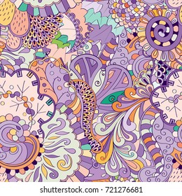 Tracery seamless pattern. Mehndi design. Ethnic colorful doodle texture. Curved doodling background. Vector