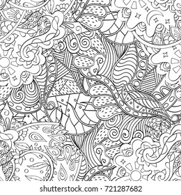 Tracery seamless pattern. Mehndi design. Ethnic monochrome binary doodle texture. Curved doodling black and white background. Vector