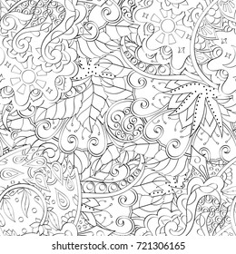 Tracery seamless pattern. Mehndi design. Ethnic monochrome binary doodle texture. Curved doodling black and white background. Vector