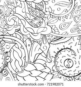 Tracery seamless pattern. Mehndi design. Ethnic monochrome binary doodle texture. Curved doodling black and white background. Vector