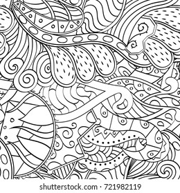 Tracery seamless pattern. Mehndi design. Ethnic monochrome binary doodle texture. Curved doodling black and white background. Vector