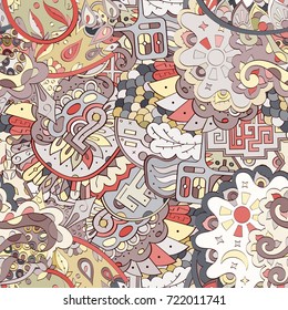 Tracery seamless pattern. Mehndi design. Ethnic colorful doodle texture. Curved doodling background. Vector