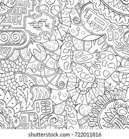 Tracery seamless pattern. Mehndi design. Ethnic monochrome binary doodle texture. Curved doodling black and white background. Vector