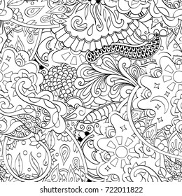 Tracery seamless pattern. Mehndi design. Ethnic monochrome binary doodle texture. Curved doodling black and white background. Vector