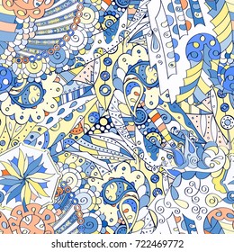 Tracery seamless pattern. Mehndi design. Ethnic colorful doodle texture. Curved doodling background. Vector
