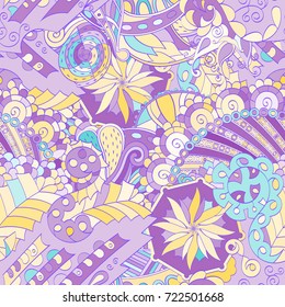 Tracery seamless pattern. Mehndi design. Ethnic colorful doodle texture. Curved doodling background. Vector
