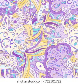 Tracery seamless pattern. Mehndi design. Ethnic colorful doodle texture. Curved doodling background. Vector