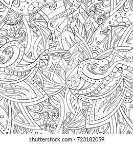 Tracery seamless pattern. Mehndi design. Ethnic monochrome binary doodle texture. Curved doodling black and white background. Vector