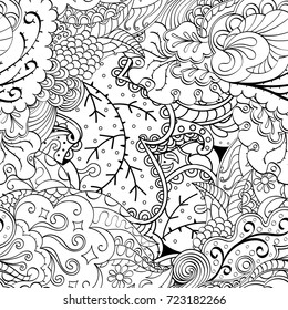 Tracery seamless pattern. Mehndi design. Ethnic monochrome binary doodle texture. Curved doodling black and white background. Vector
