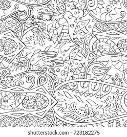 Tracery seamless pattern. Mehndi design. Ethnic monochrome binary doodle texture. Curved doodling black and white background. Vector