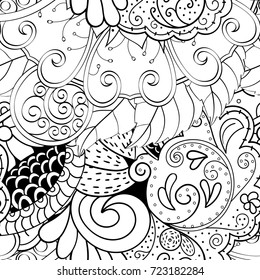 Tracery seamless pattern. Mehndi design. Ethnic monochrome binary doodle texture. Curved doodling black and white background. Vector